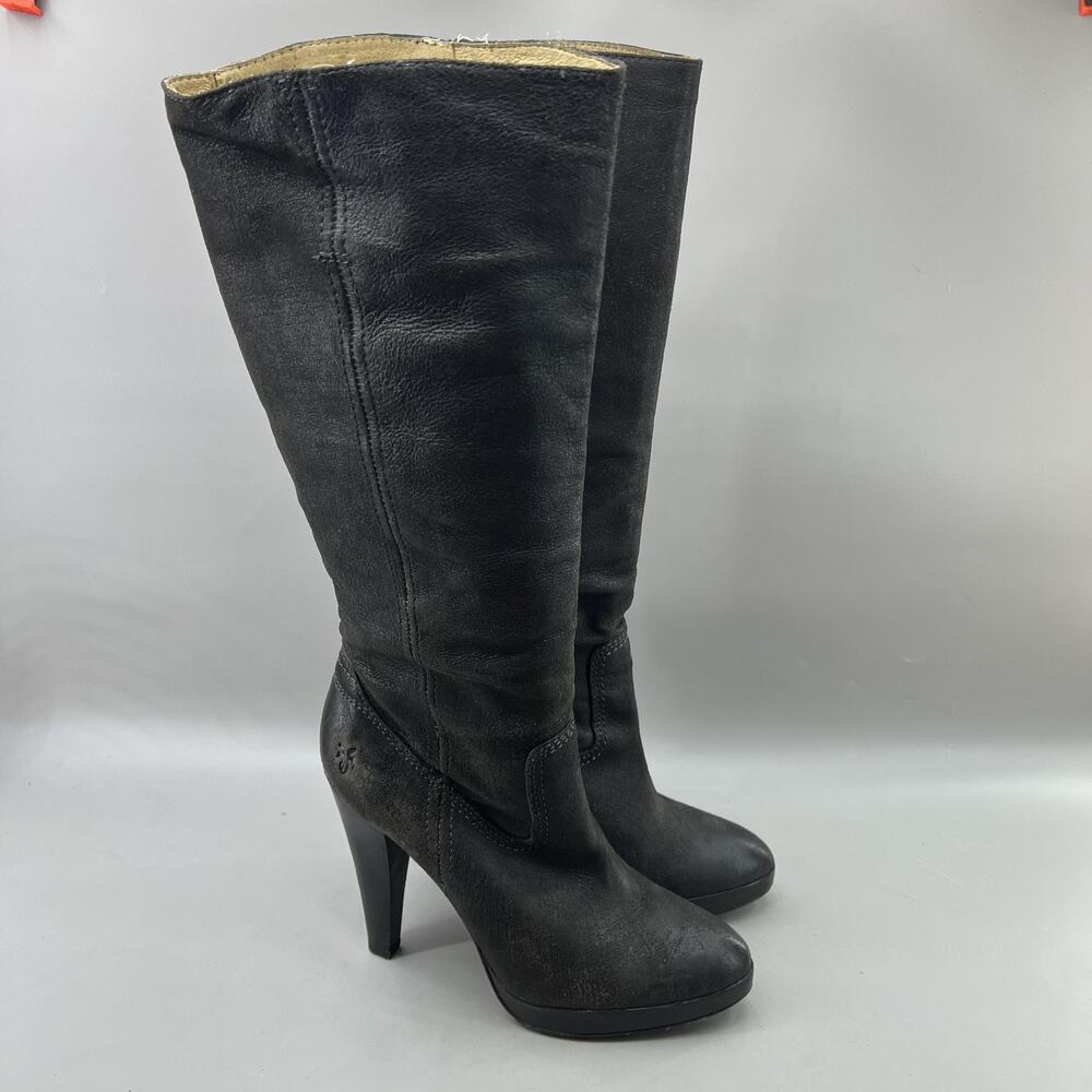 Frye Harlow Campus 14" Tall Boots Women Size 7.5 Dark Brown Leather Pull On Heel